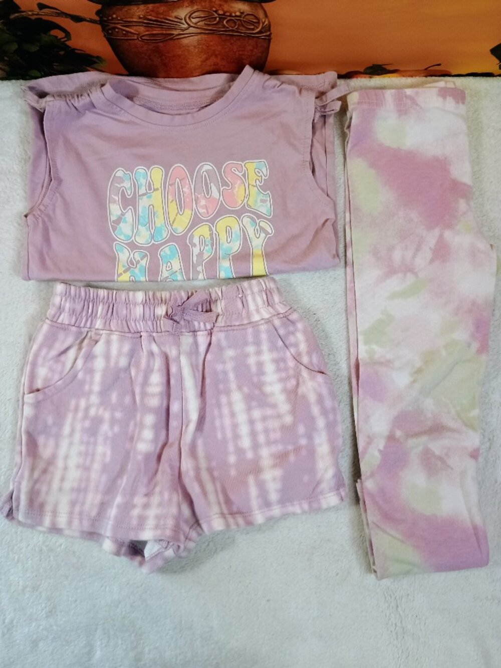 EUC Bundle-3pc Girls Garanimals Sz 5T Purple Tie Dye Top, Shorts, Leggins Set